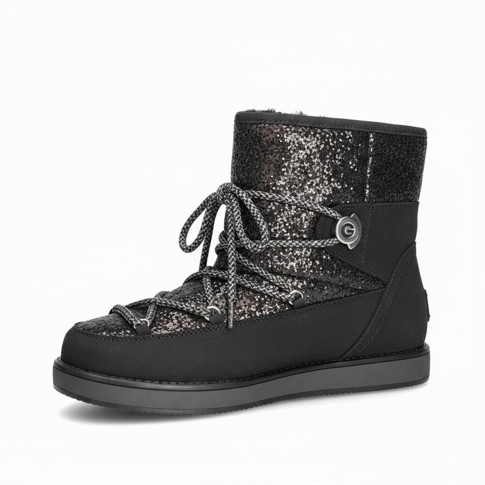 GBG Guess LA Aylan2 Black Glitter Suede Ankle Boots Winter Snow Lace Up 9M NWOB